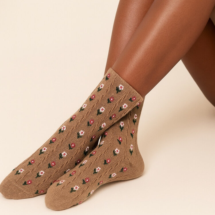 Pika & Bear Pika & Bear Chloe Floral Applique And Pointelle Crew Socks | Espresso & Latte (2 Pack)