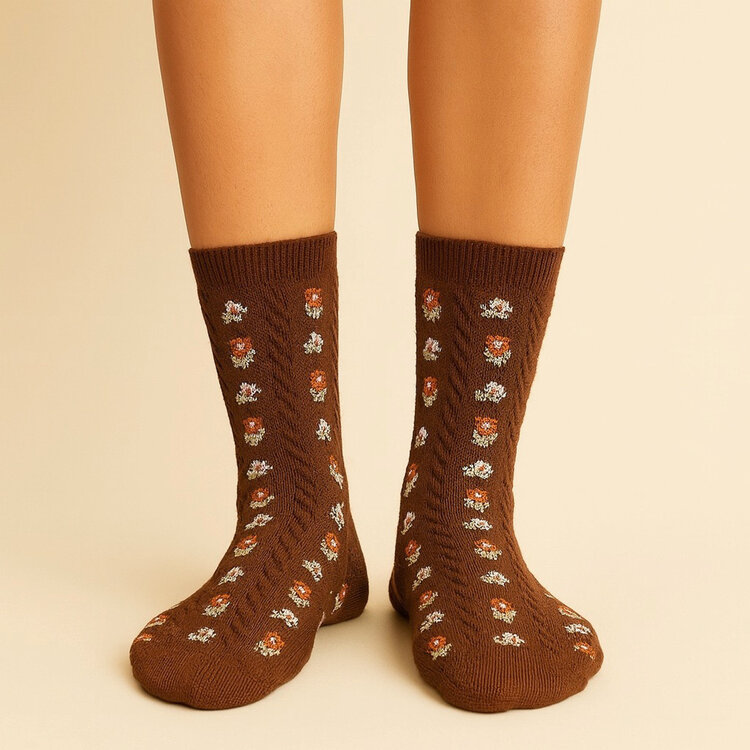Pika & Bear Pika & Bear Chloe Floral Applique And Pointelle Crew Socks | Espresso & Latte (2 Pack)