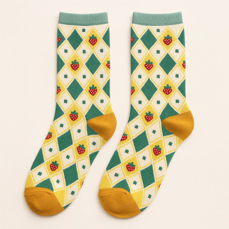 Pika & Bear Pika & Bear Strawberry Fields Forever Argyle Crew Sock