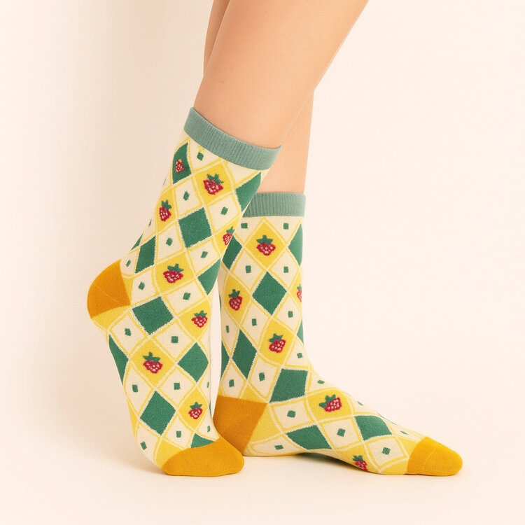 Pika & Bear Pika & Bear Strawberry Fields Forever Argyle Crew Sock