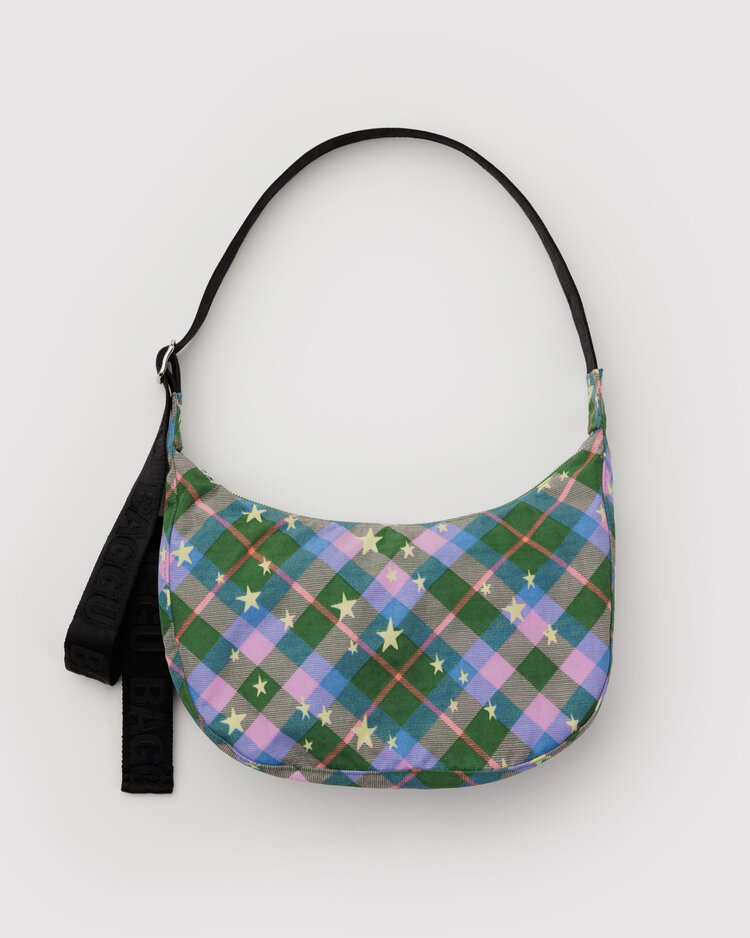 Baggu Baggu Medium Nylon Crescent Bag | Green Star Plaid