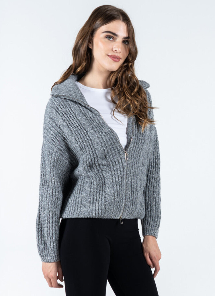 C'est Moi C'est Moi Melange Zip Front Cardi | Grey/Ivory