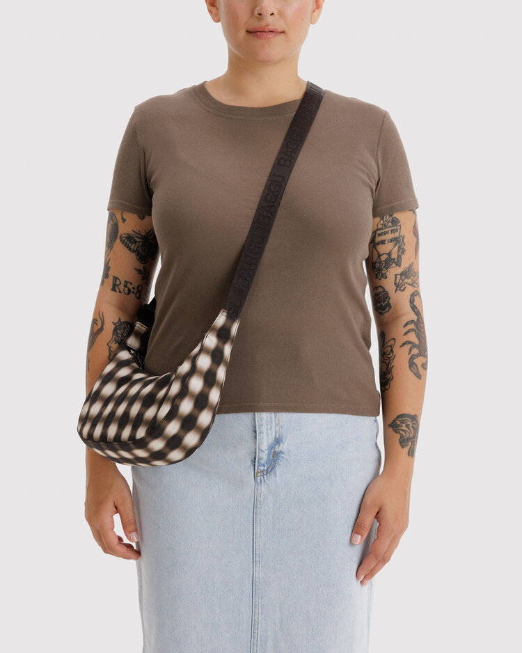 Baggu Baggu Small Nylon Crescent Bag | Blurred Gingham Brown