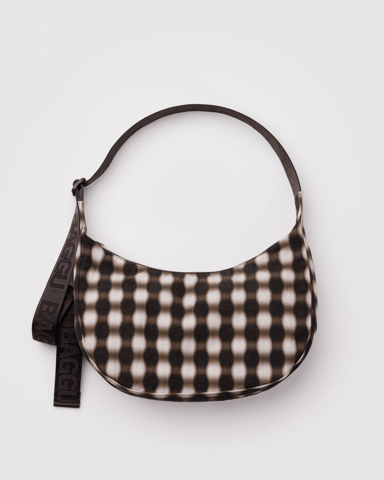 Baggu Baggu Medium Nylon Crescent Bag | Blurred Gingham Brown