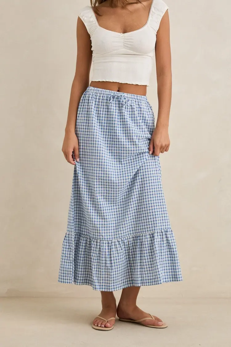 Rhythm Lola Check Tiered Maxi Skirt | Blue