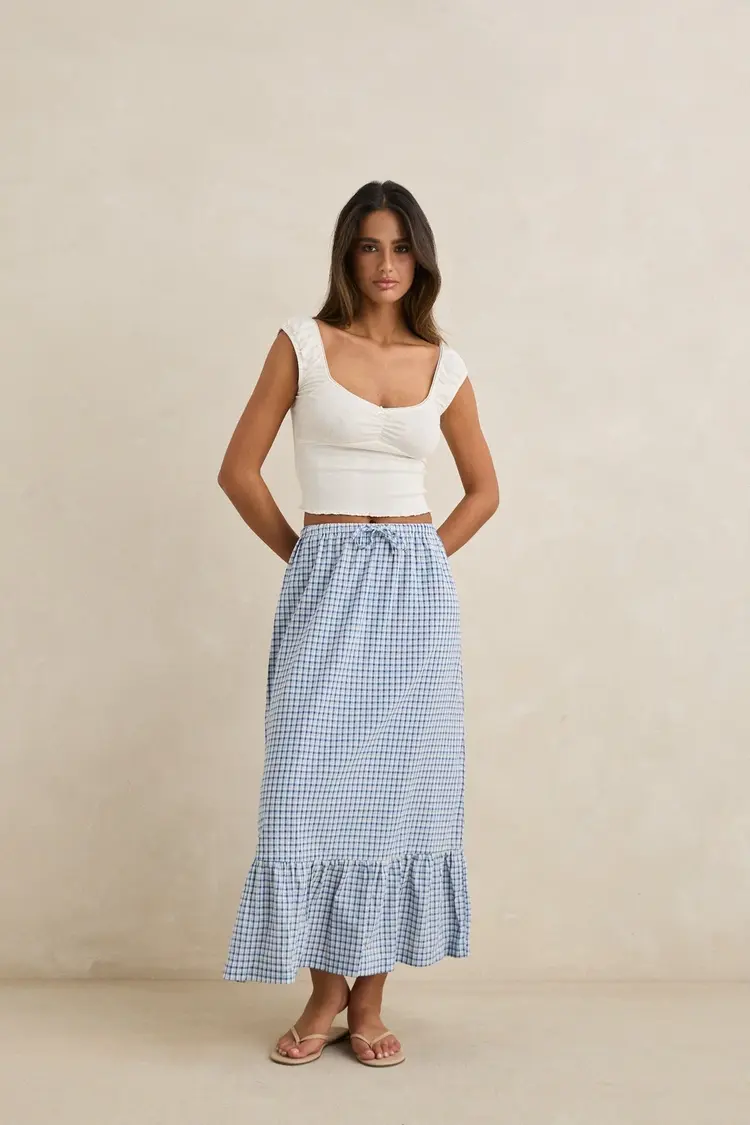 Rhythm Rhythm Lola Check Tiered Maxi Skirt | Blue
