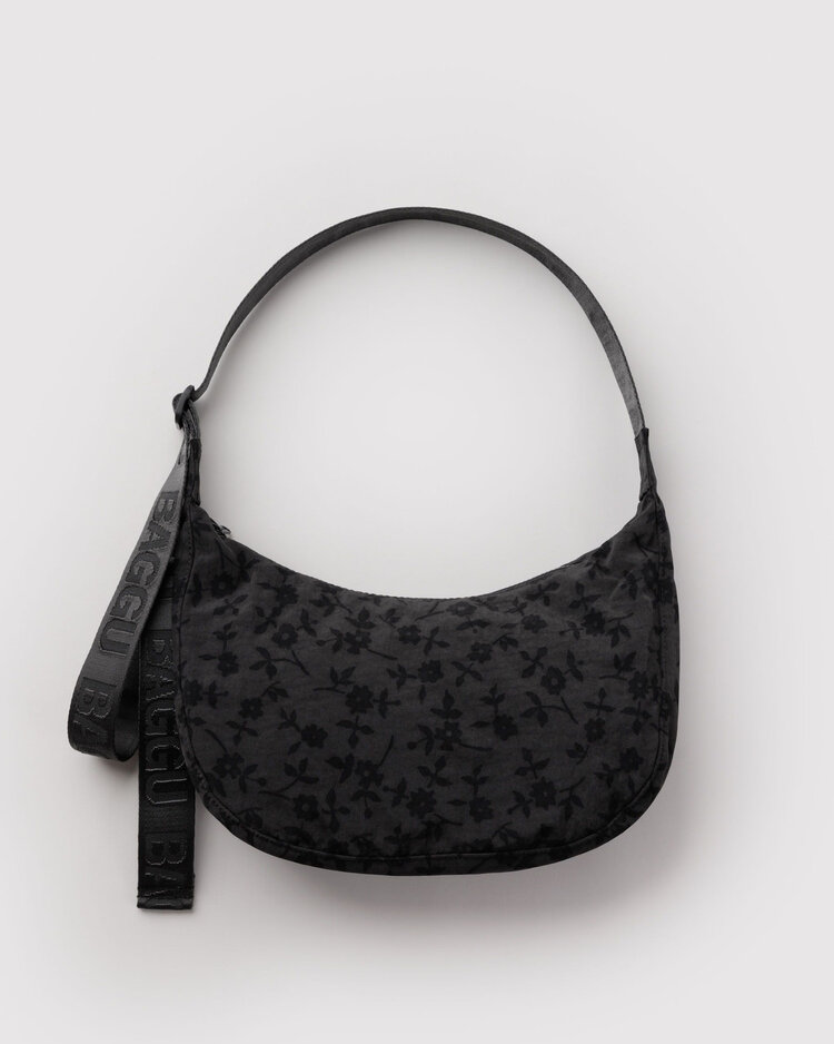 Baggu Baggu Medium Nylon Crescent Bag | Charcoal Ditsy Floral