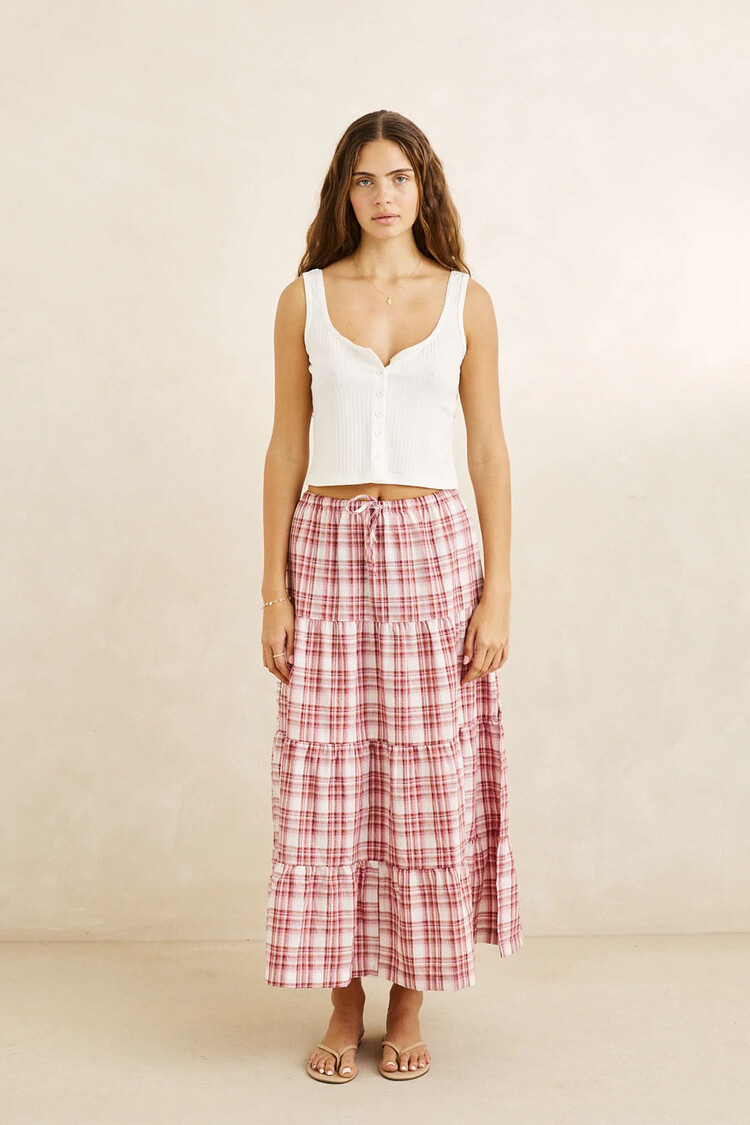 Rhythm Rhythm Chelsea Check Tiered Maxi Skirt | Plum