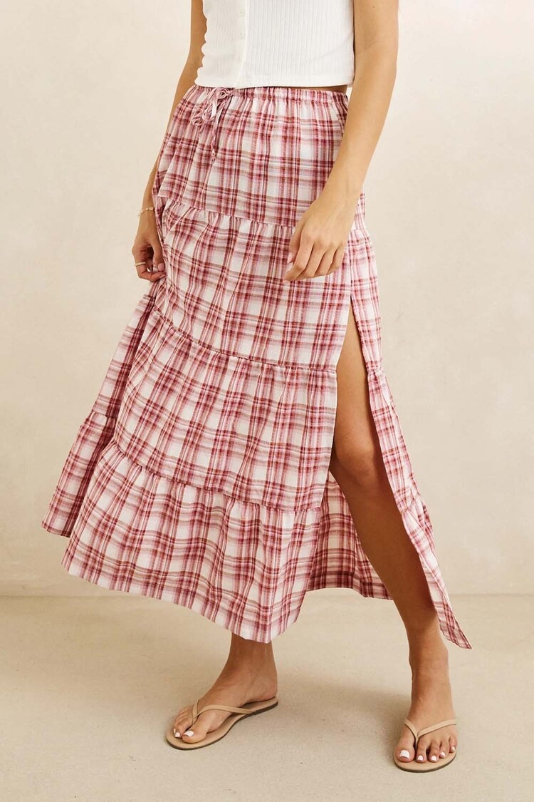 Rhythm Rhythm Chelsea Check Tiered Maxi Skirt | Plum