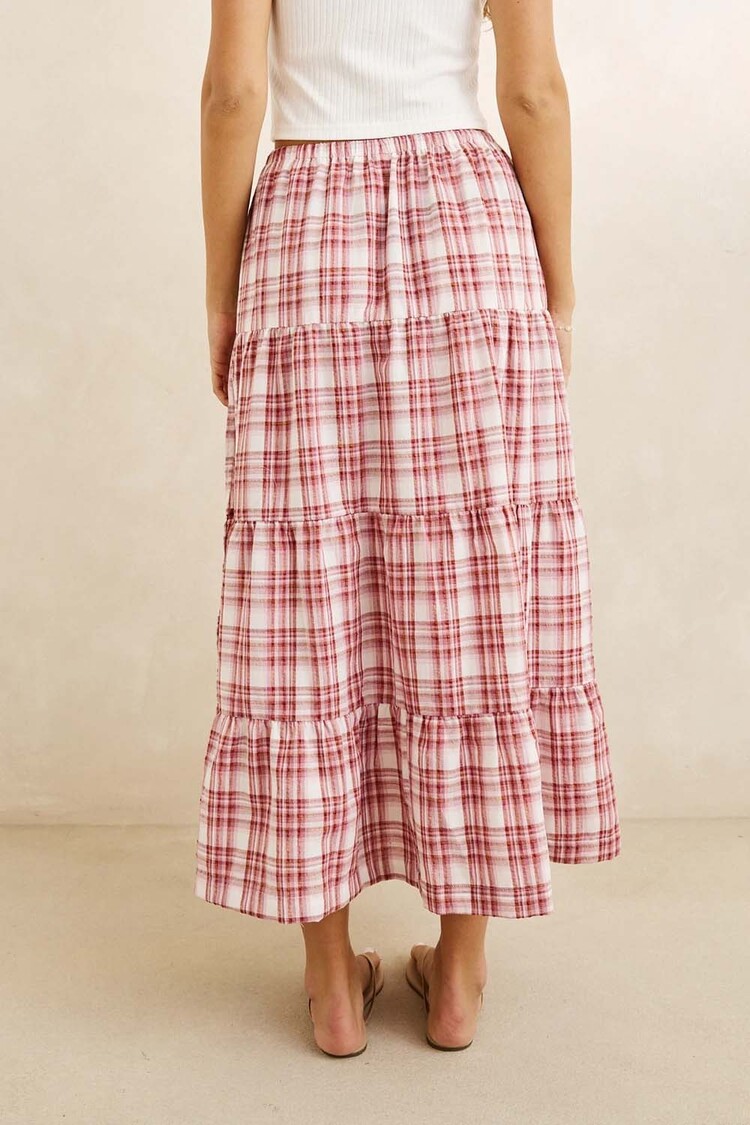 Rhythm Rhythm Chelsea Check Tiered Maxi Skirt | Plum