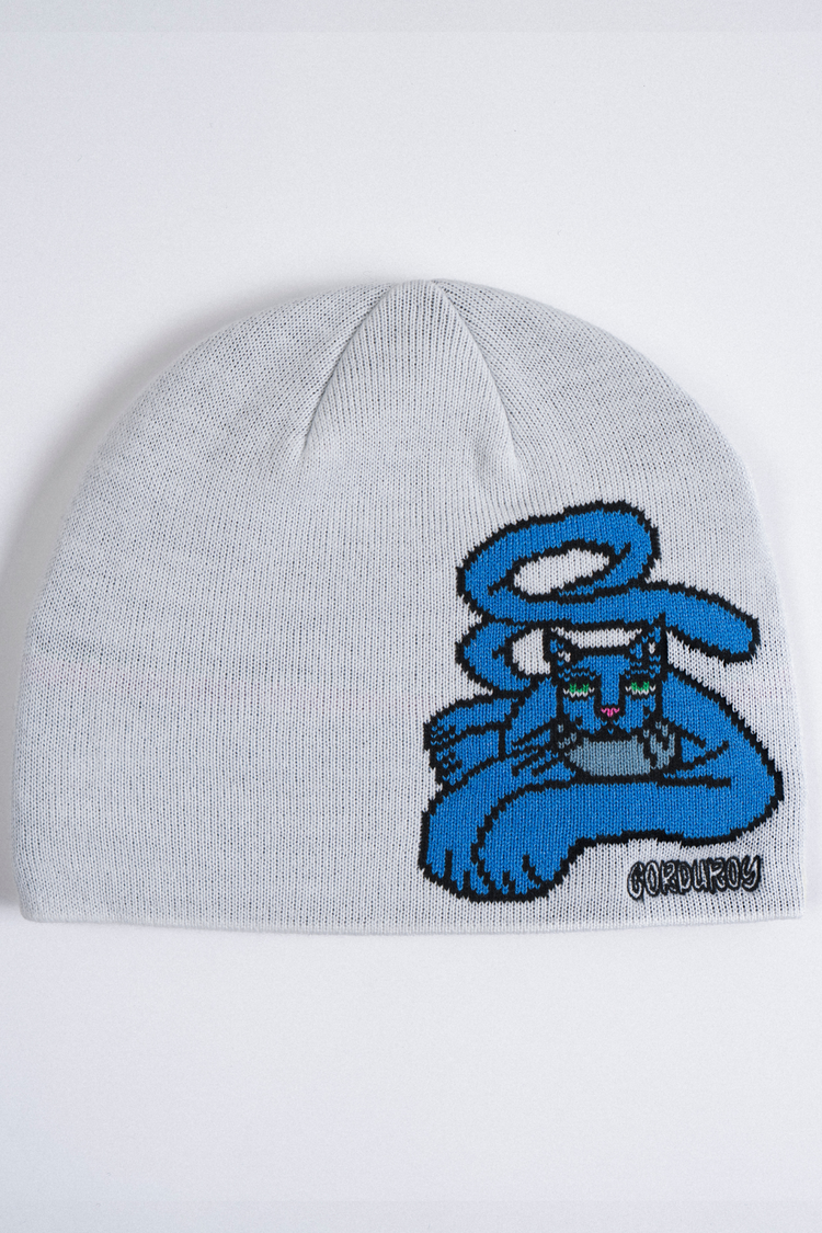 Corduroy Blue Cat By Jamie Lynn Beanie | White