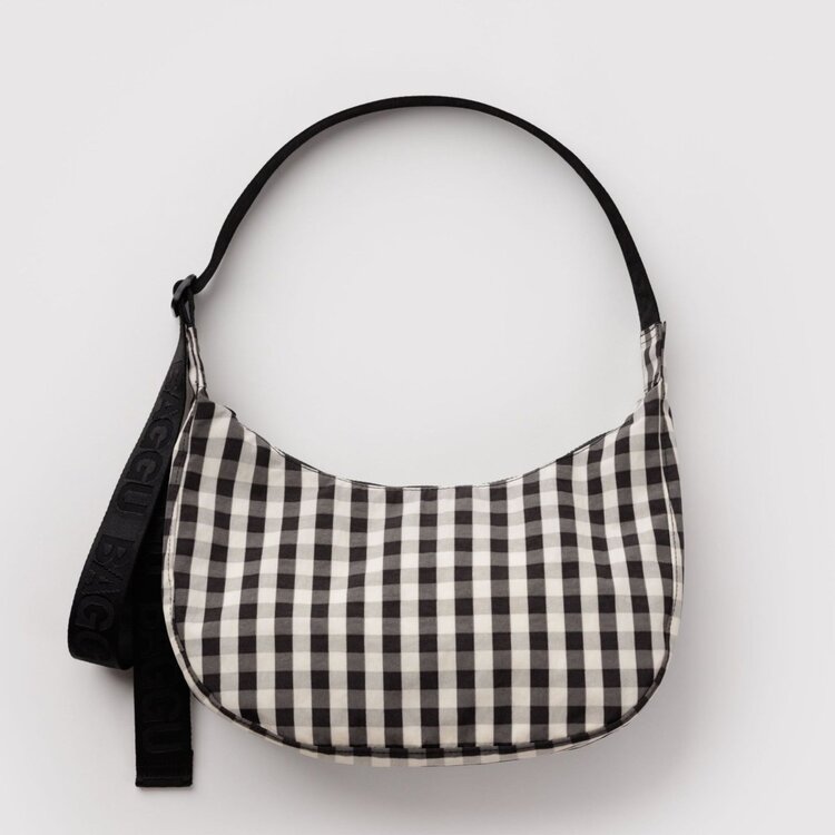 Baggu Medium Nylon Crescent Bag | Black and Cream Gingham
