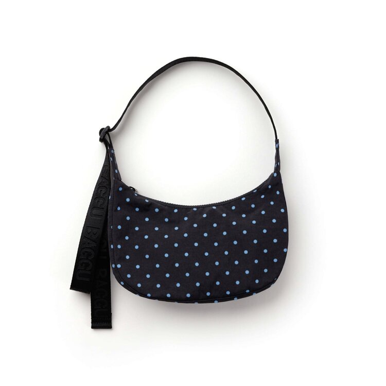 Baggu Small Nylon Crescent Bag | Black and Sky Blue Micro Dot
