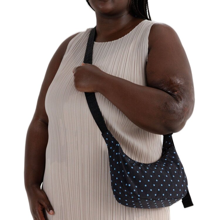 Baggu Small Nylon Crescent Bag | Black and Sky Blue Micro Dot