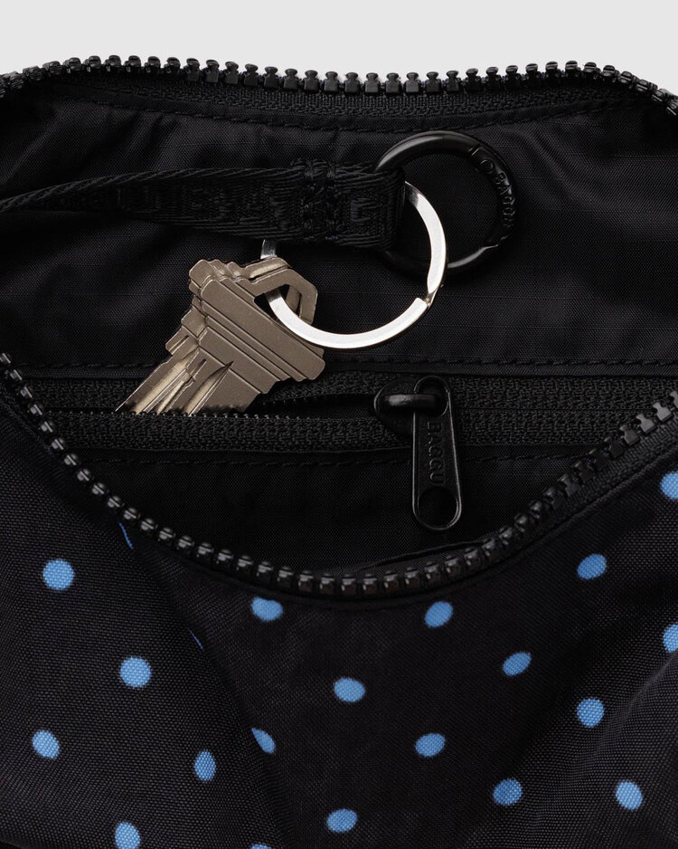 Baggu Small Nylon Crescent Bag | Black and Sky Blue Micro Dot