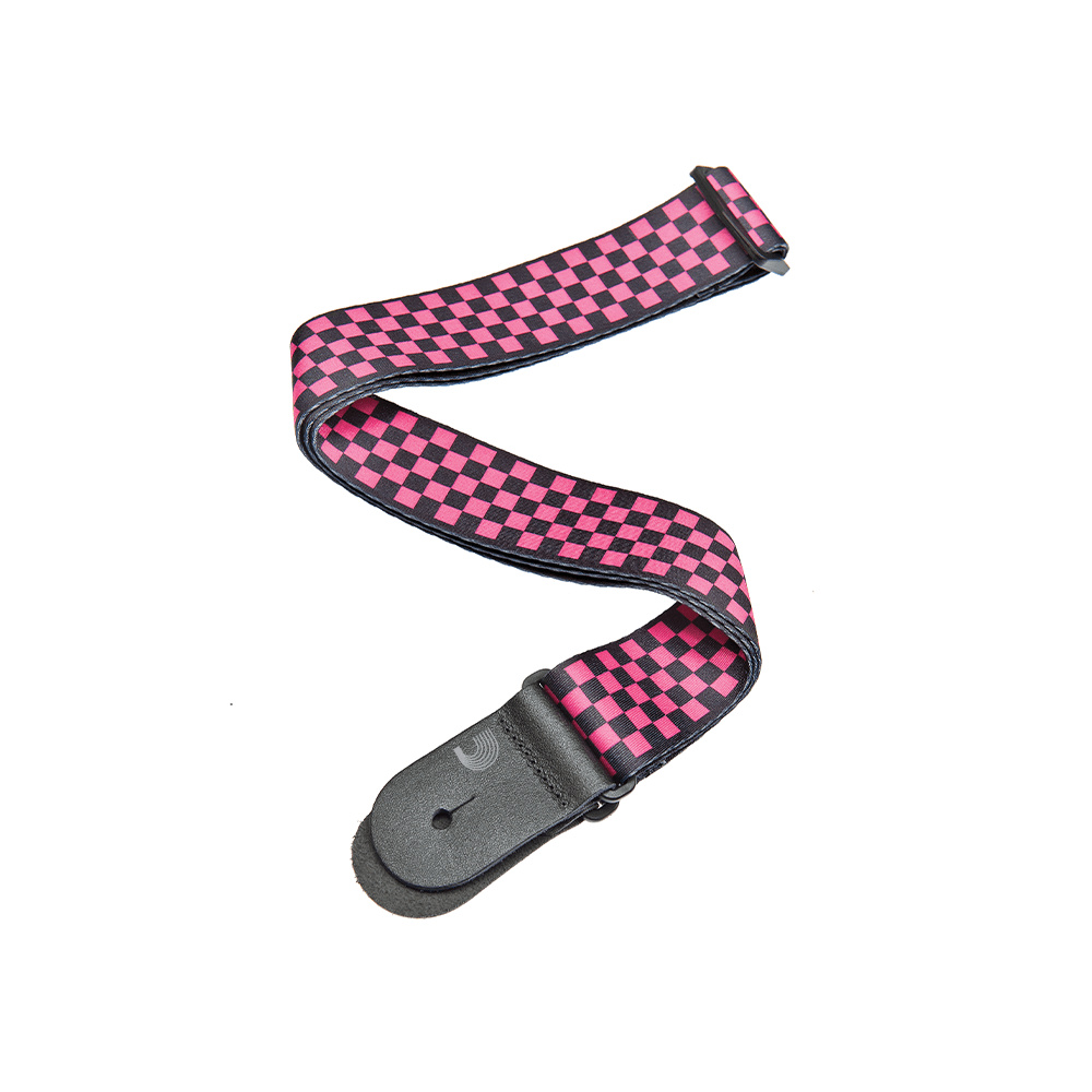 D'Addario Woven Guitar Strap, Black/Pink Checker Pattern