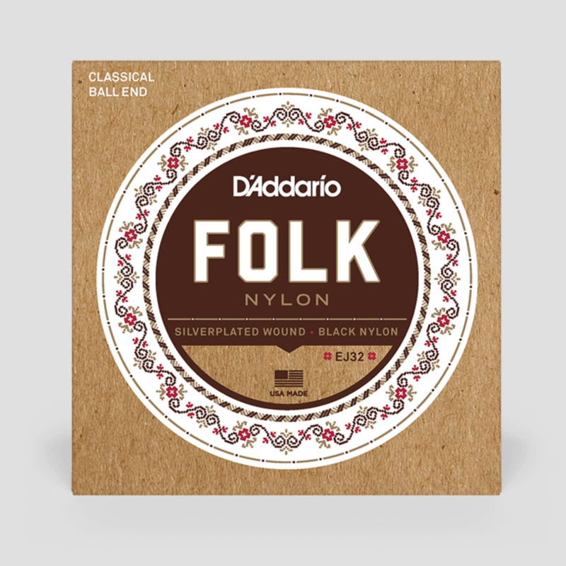 D'Addario D'Addario Folk Nylon Classical Guitar Strings, Normal, Silver-Wound/Black Nylon Ball End (EJ32)