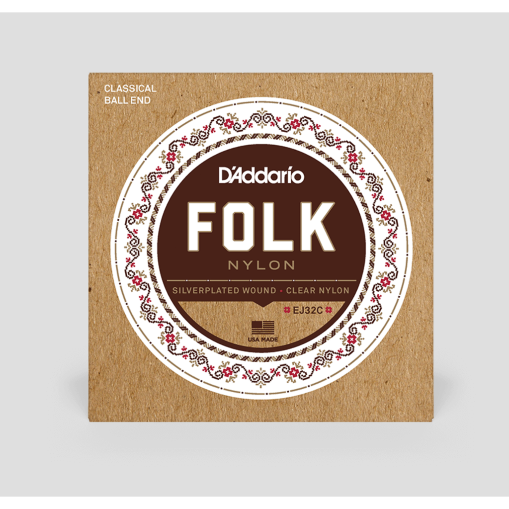 D'Addario D'Addario Folk Nylon Classical Guitar Strings, Normal Tension, Ball End, Silver-Wound/Clear Nylon