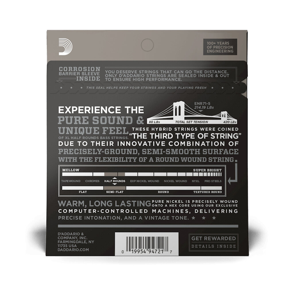 D'Addario D'Addario XL Half Rounds 45-130 Regular Light 5-String Long Scale Bass Strings