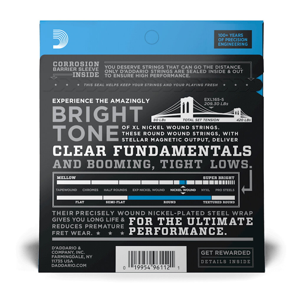 D'Addario D'Addario XL Nickel 45-135 Regular Light Top/Medium Bottom Long Scale 5-String Bass Strings