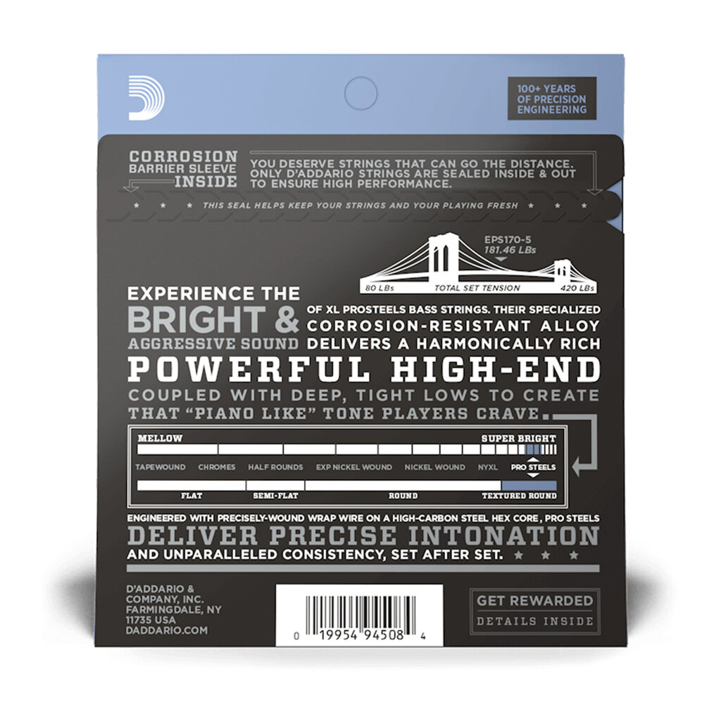 D'Addario D'Addario XL ProSteels 45-130 Regular Light Long Scale 5-String Bass Strings