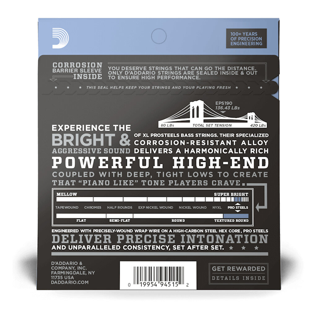 D'Addario D'Addario XL ProSteels 40-100 Custom Light, Long Scale Bass Strings