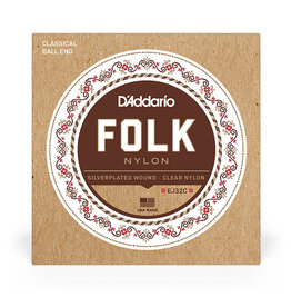 D'Addario D'Addario Folk Nylon Classical Guitar Strings, Normal Tension, Ball End, Silver-Wound/Clear Nylon