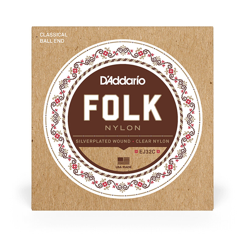 D'Addario D'Addario Folk Nylon Classical Guitar Strings, Normal Tension, Ball End, Silver-Wound/Clear Nylon