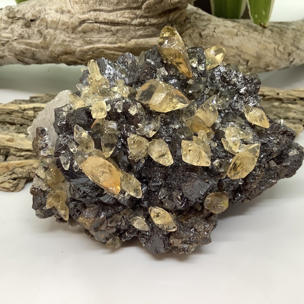 Honey Calcite on Sphalerite with Quartz Druzy and Limestone
