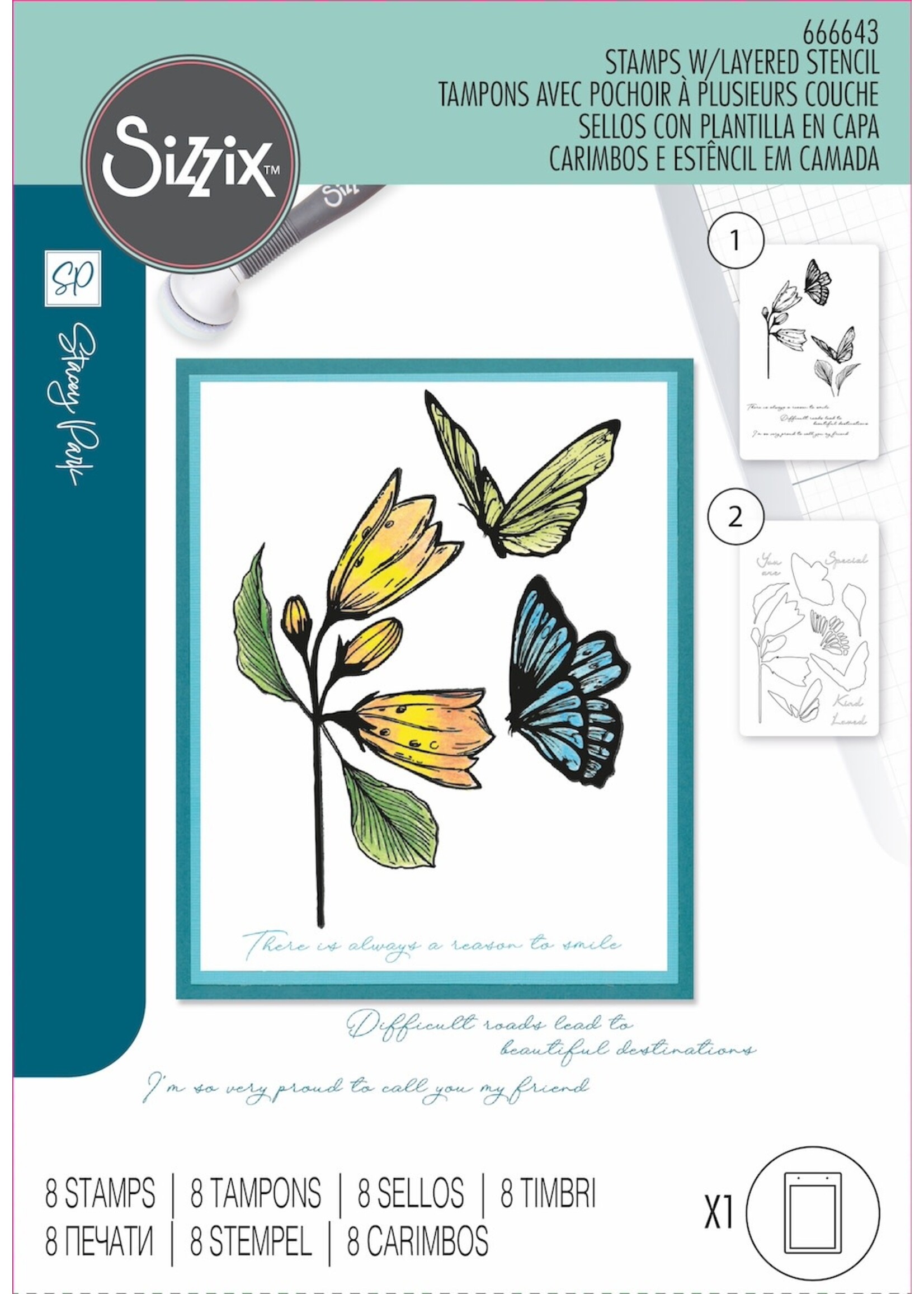 Sizzix Sizzix A5 Farfalllina, Cosmopolitan Clear Stamp Set With Stencil By Stacey Park