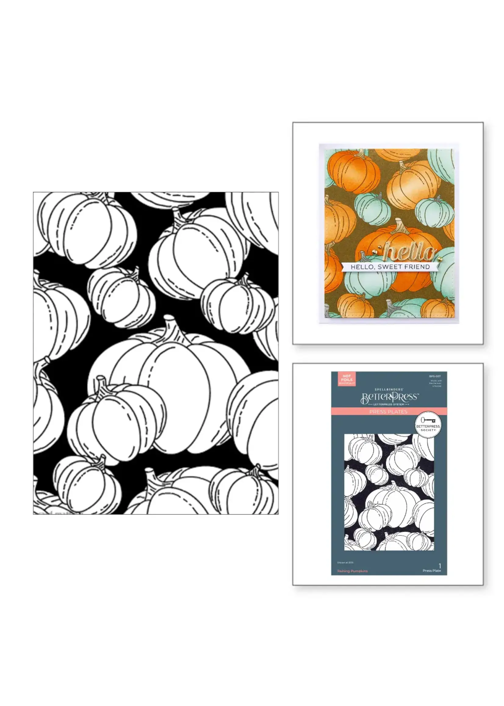 spellbinders BetterPress Society Spetember 2024: Raining Pumpkins press plate & stencil set