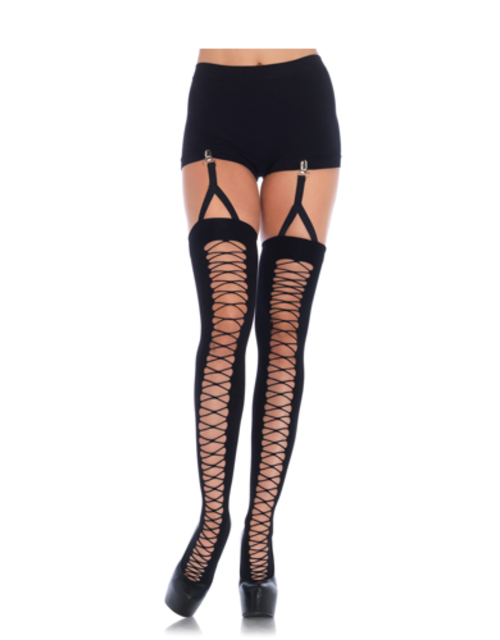 Leg Avenue Lace Up Illusion Opaque Thigh Highs With Attached Clip Garter Black O S Tokyo Valentino Miami Online Store