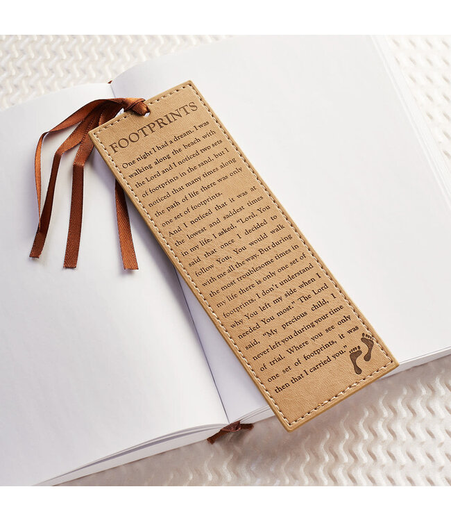 Footprints - Tan Faux Leather Bookmark