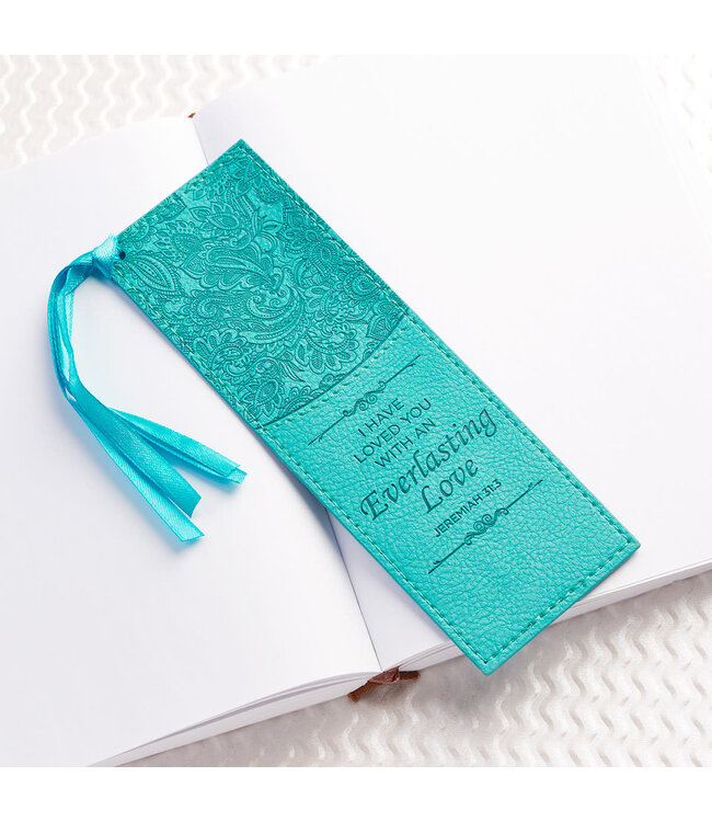 Everlasting Love - Teal Faux Leather Bookmark - Jeremiah 31:3