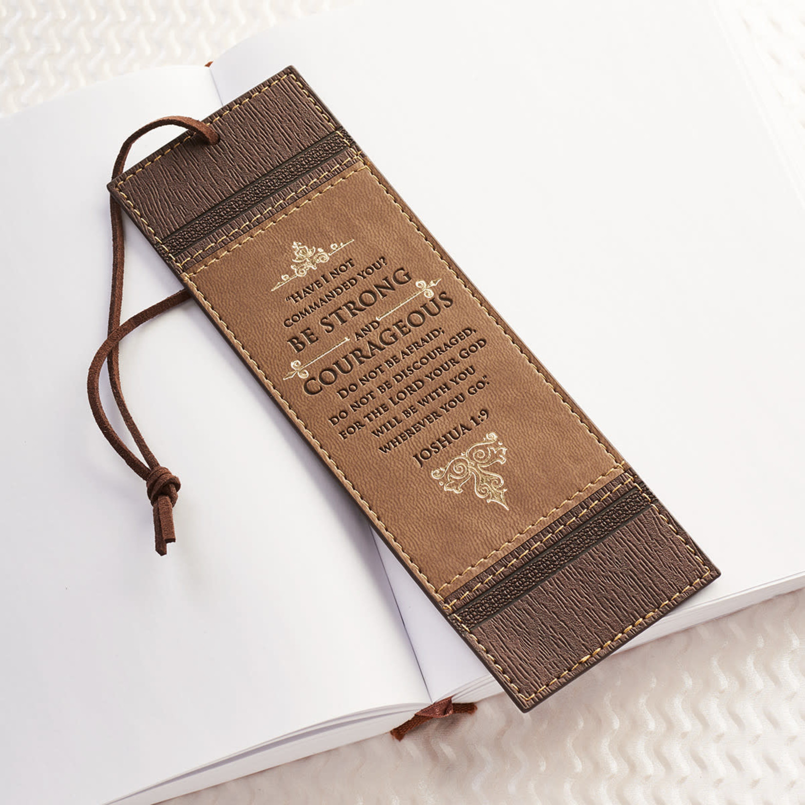 Christian Art Gifts Be Strong and Courageous Brown Two-toned Faux Leather Bookmark - Joshua 1:9