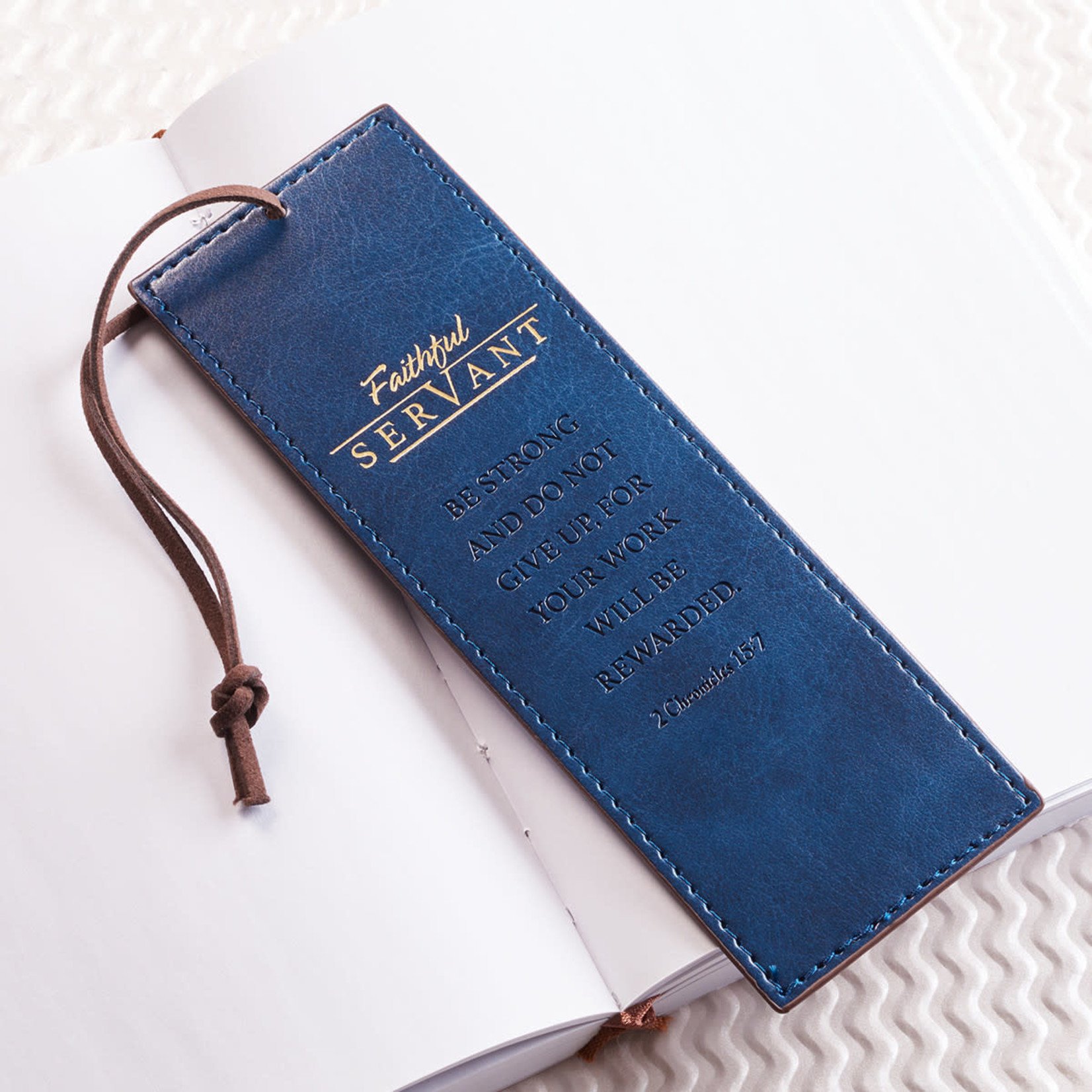 Christian Art Gifts Faithful Servant Blue Faux Leather Bookmark - 2 Chronicles 15:7