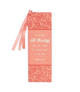 Christian Art Gifts All Things Coral Faux Leather Bookmark - Romans 8:28 | 仿皮書籤