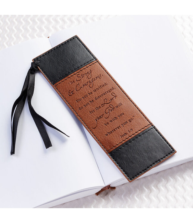Strong & Courageous Black and Tan Faux Leather Bookmark - Joshua 1:9