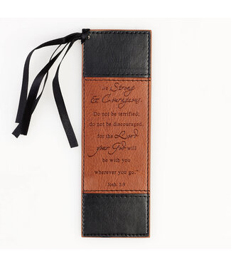 Christian Art Gifts Strong & Courageous Black and Tan Faux Leather Bookmark - Joshua 1:9