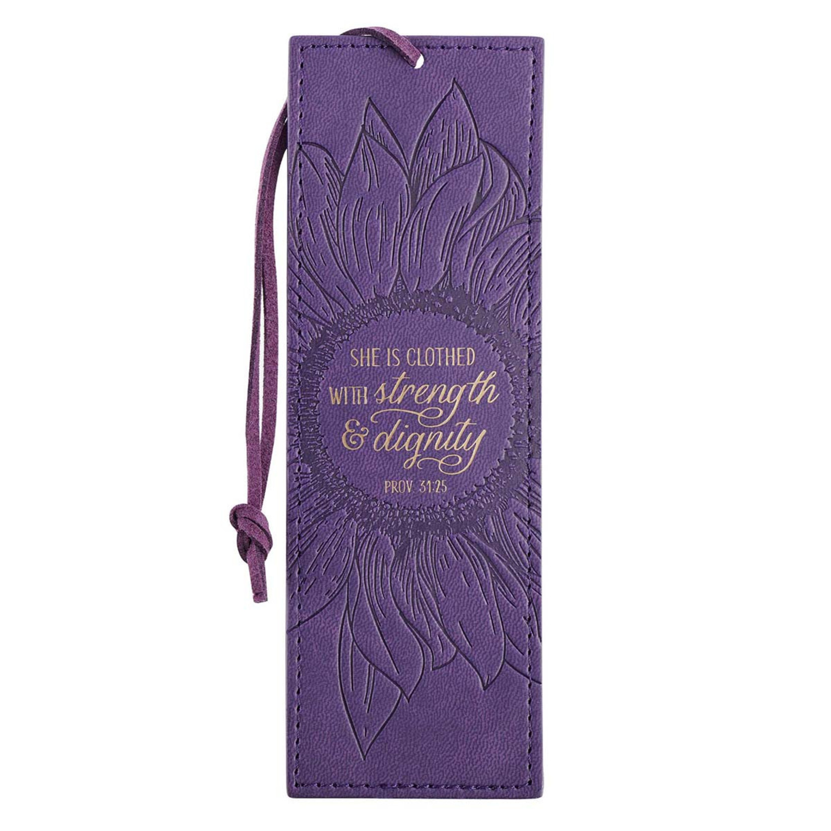 Christian Art Gifts Strength and Dignity Purple - Sunflower Faux Leather Bookmark - Proverbs 31:25