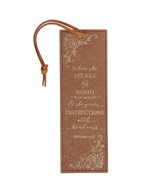 Christian Art Gifts When She Speaks Faux Leather Bookmark - Proverbs 31:26