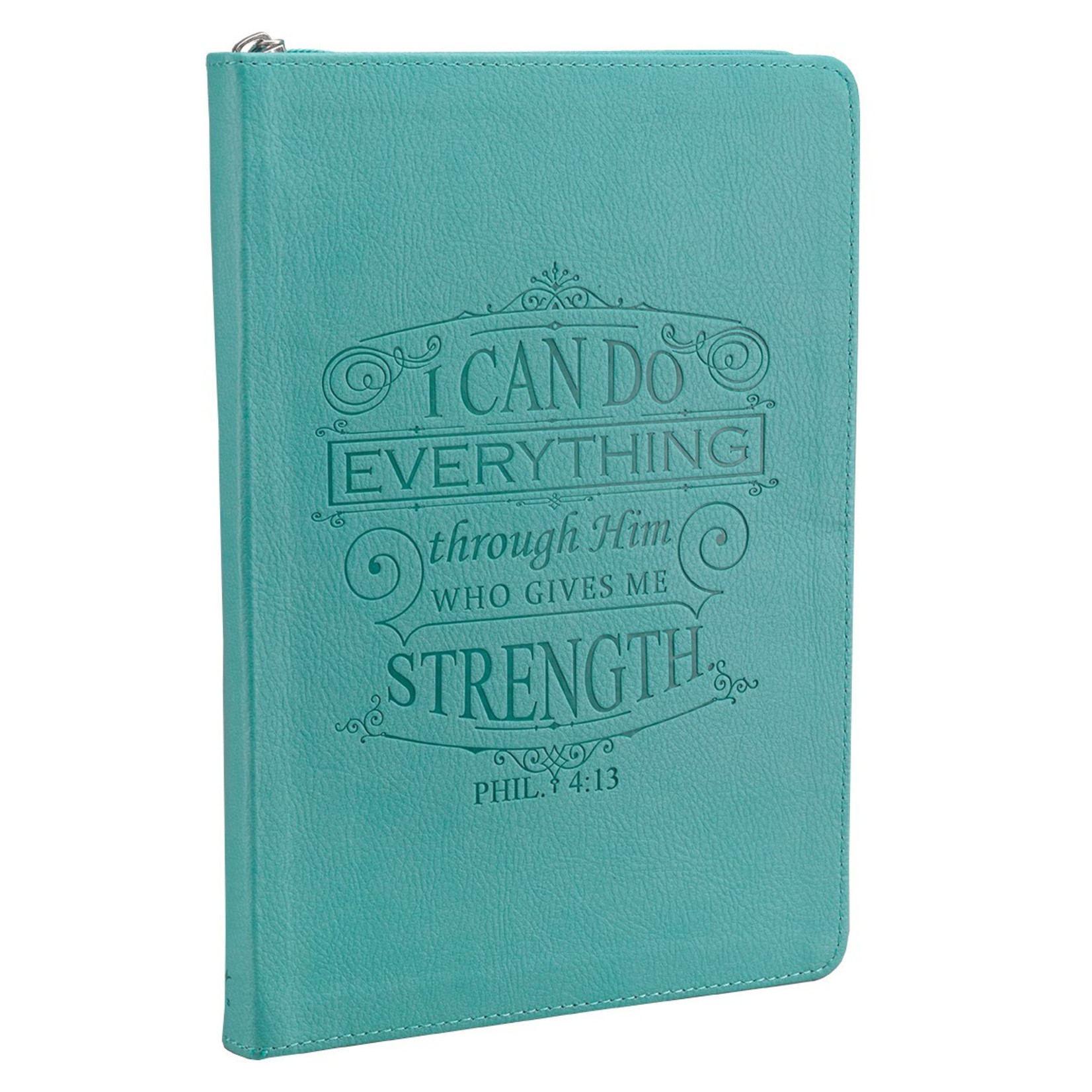 Christian Art Gifts I Can Do Everything Zippered Classic LuxLeather Journal In Turquoise - Philippians 4:13
