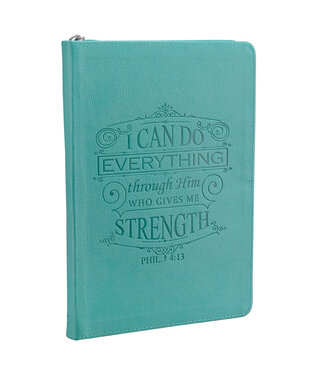 Christian Art Gifts I Can Do Everything Zippered Classic LuxLeather Journal In Turquoise - Philippians 4:13 | 仿皮拉鍊封口日記本