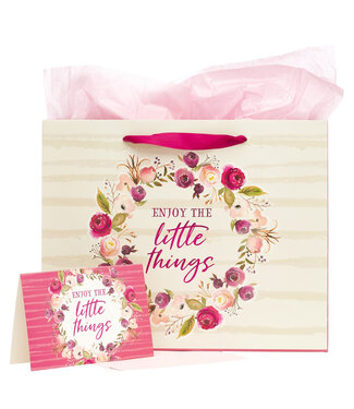 Christian Art Gifts Enjoy The Little Things Large Gift Bag Set in Berry Hues with Card and Tissue Paper
