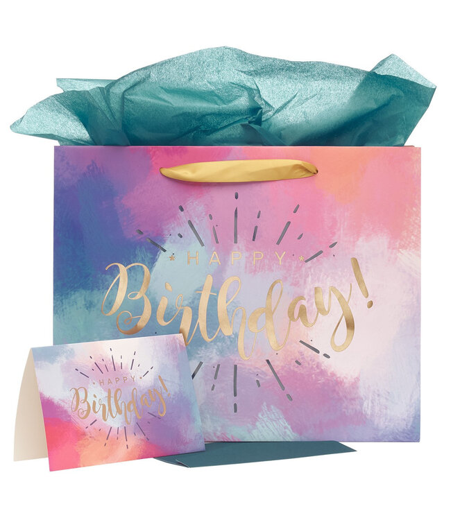 Happy Birthday Multicolored Large Gift Bag Set with Card and Tissue Paper