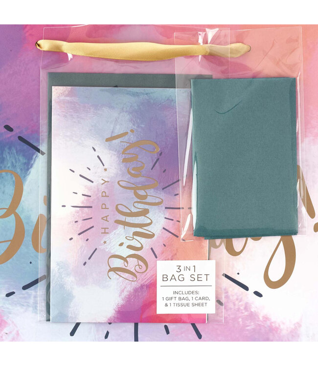 Happy Birthday Multicolored Large Gift Bag Set with Card and Tissue Paper