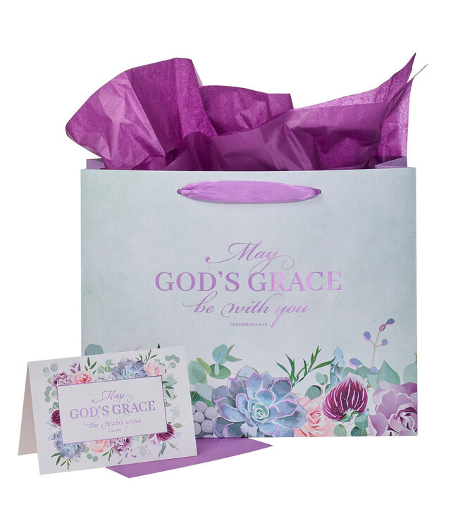May God's Grace Be With You Purple Succulent Large Landscape Gift Bag with Card - Colossians 4:18