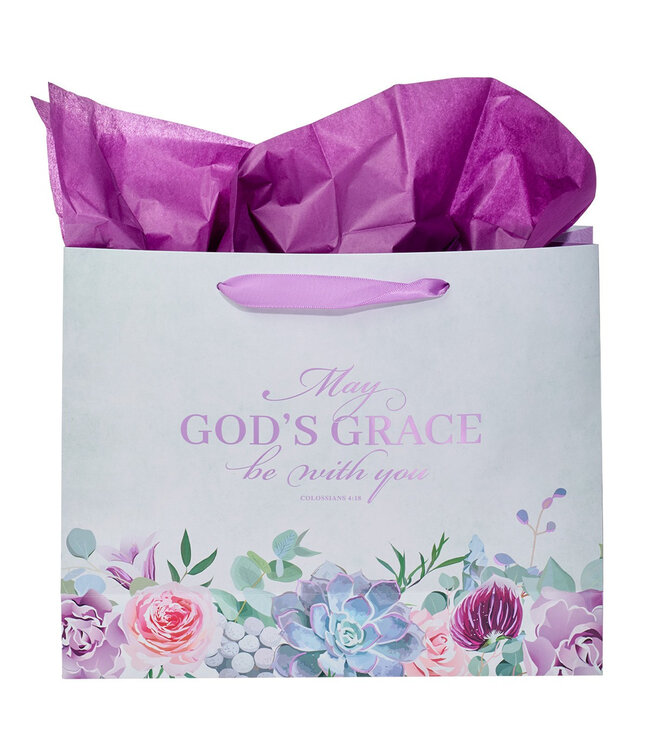 May God's Grace Be With You Purple Succulent Large Landscape Gift Bag with Card - Colossians 4:18