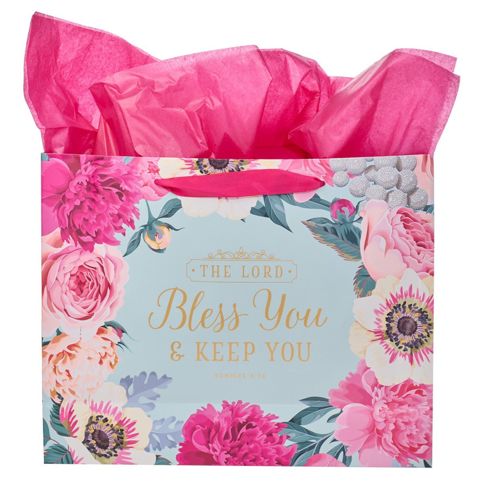 Christian Art Gifts Bless You & Keep You Pink Floral Large Landscape Gift Bag with Card - Numbers 6:24