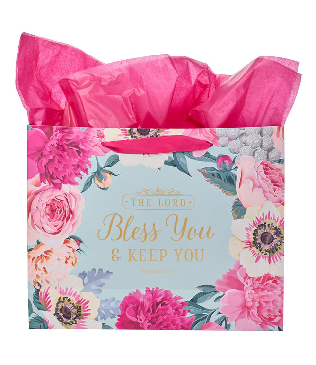 Bless You & Keep You Pink Floral Large Landscape Gift Bag with Card - Numbers 6:24